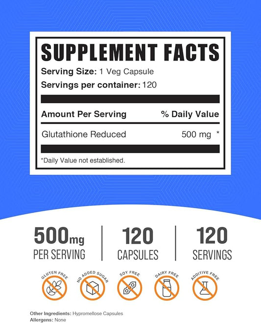 BulkSupplements.com Glutathione Reduced Capsules 500mg - 1 Capsule 120 Capsules 1)