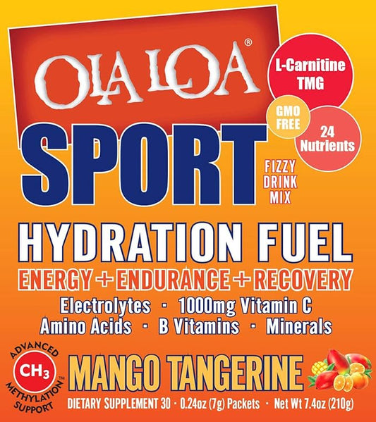 Ola Loa Sport Mango Tangerine All-Natural Hydrating Sports Drink Mix - Energy, Amino Acids, Electrolytes, Vitamin C, Vitamin B, Gluten Free, Vegan - Drink Your Vitamins - 30 Packets (7.4oz)