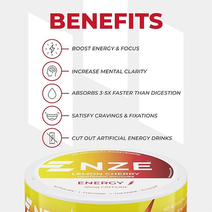 NZE Caffeine Nootropic Pouches (Lemon Cherry) - Nootropic Energy Pouches with 50mg Caffeine, Alpha GPC, L-Tyrosine & L-Theanine No Sugar or Artificial Sweeteners - 15 Nicotine Free Pouches A Can