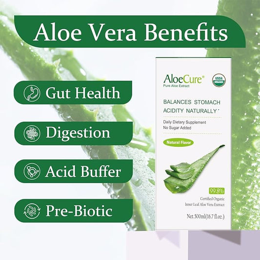 AloeCure USDA Organic Aloe Vera Juice Made Within 12 Hrs of Harvest - Pure Aloe Juice Natural Digestive Supplement to Support Digestion, Immune System and Balanced Stomach Acidity, 18 x 500ml Bottles