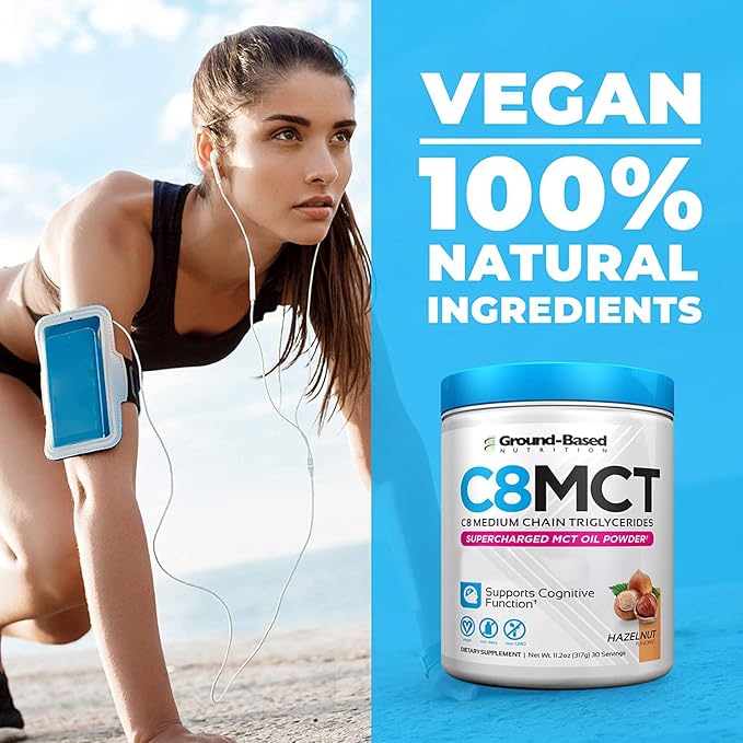 Ground-Based Nutrition C8 MCT Oil Powder – Supercharged Medium Chain Triglycerides MCT Oil Powder – Vegan-Friendly, Non-GMO Powdered C8 MCT Oil, Ketogenic MCT Coffee Creamer, No Stevia (Hazelnut)