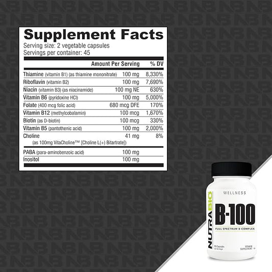 NutraBio B-100, B Vitamin Complex, Immune 90 Vegetable