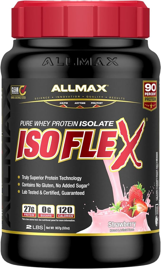 ALLMAX ISOFLEX Whey Protein Isolate, Strawberry - 2 lb - 27 Grams of Protein Per Scoop - Zero Fat & Sugar - 99% Lactose Free - Gluten Free & Soy Free - Approx. 30 Servings