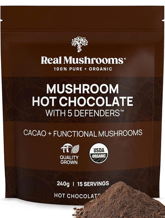 Real Mushrooms Organic Hot Chocolate Mix with 5 Defenders Turkey Tail, Chaga, Maitake, Shiitake, Reishi Mushroom - Cacao Powder Vegan Supplement, Gluten-Free, 15 Servings