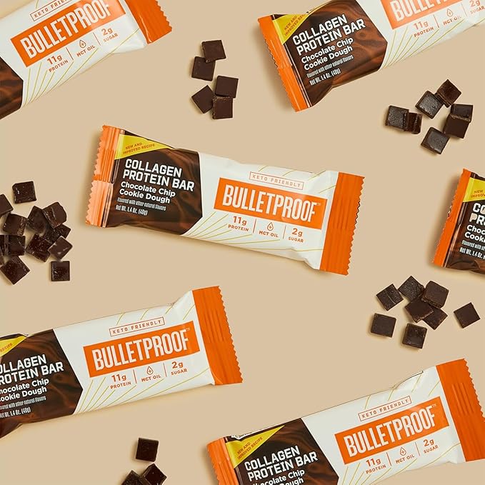 Bulletproof Chocolate Chip Cookie Dough Collagen Protein Bars, Pack of 12, Keto-Friendly Snack with MCT Oil, Grass-fed Collagen, No Added Sugar
