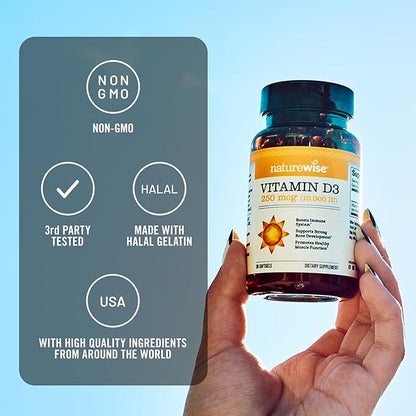 NatureWise Vitamin D3 10,000IU (250 mcg) Extra Strength for Healthy Muscle Function and Immune Support, Non-GMO, Gluten Free in Organic Extra Virgin Olive Oil, Softgel, 90 Count[3-Month Supply]