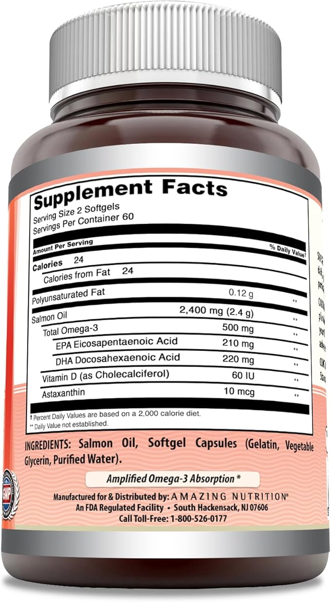 Amazing Omega Wild Alaskan Salmon Oil (Omega-3, EPA/DHA) 2400 Mg 120 Softgels