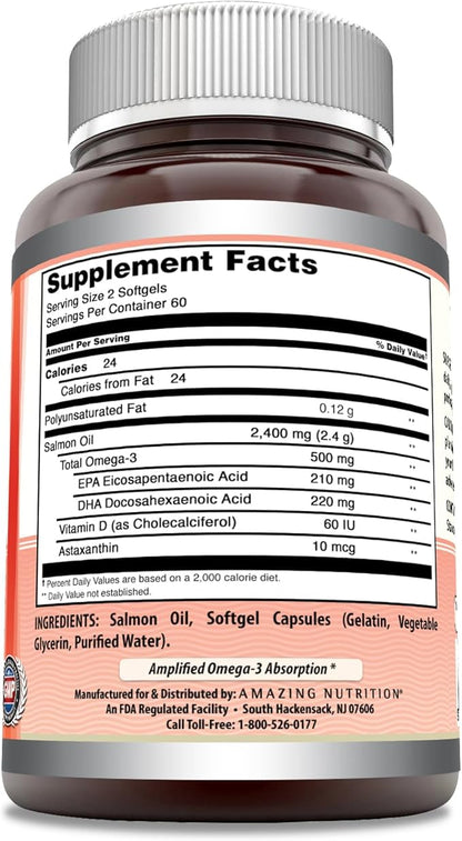 Amazing Omega Wild Alaskan Salmon Oil (Omega-3, EPA/DHA) 2400 Mg 120 Softgels