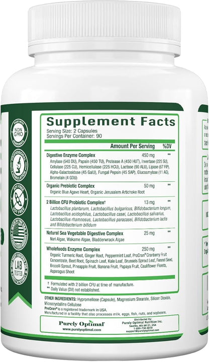 Purely Optimal Premium Digestive Enzymes Plus 180 Capsules