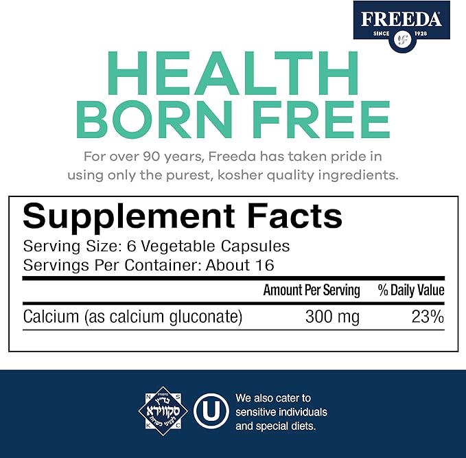 Freeda Calcium Gluconate - Kosher Vegan Calcium Supplement for Women & Men - Easy to Digest - Bone Health Supplement & Joint Support - Pure Calcium Supplement Without Vitamin D (100 Capsules)