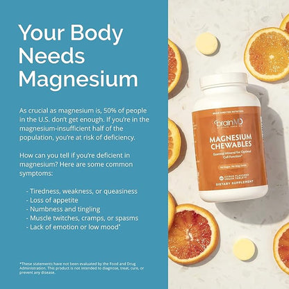 BRAINMD Dr Amen Magnesium Chewables, Citrus - 60 Chewable Tablets - Essential Mineral for Optimal Cell Function - Supports Memory & Focus - Gluten Free - 60 Servings