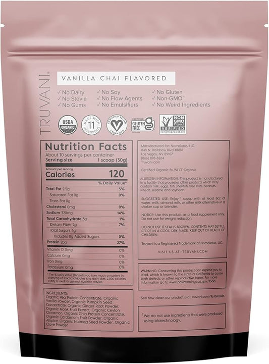 Truvani Vegan Pea Protein Powder 20g Organic 10 Servings