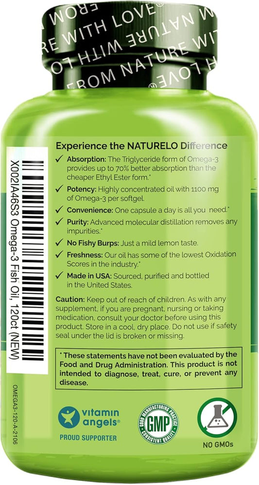 NATURELO Burpless Omega 3 Fish Oil Supplement 1100mg Triglyceride Omega-3, EPA 3 for 120 Softgels, 4 Months