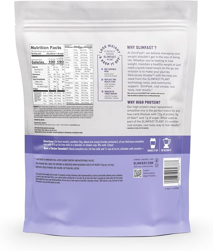 SlimFast High Protein Meal Replacement Powder, 26 Servings, Advanced Nutrition Smoothie Mix with Vitamin and Mineral Blend, Gluten Free, Vanilla Cream, 1.53 Pounds