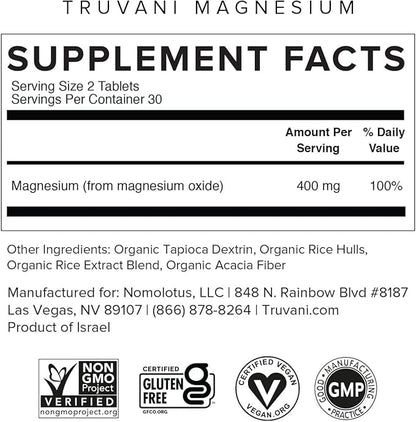 Truvani Magnesium 400mg Oxide Tablets | 60 Tablets | Supports Calm and Sleep, Healthy Bones, Muscle Health, Digestive Health | Non-GMO, Vegan Pills