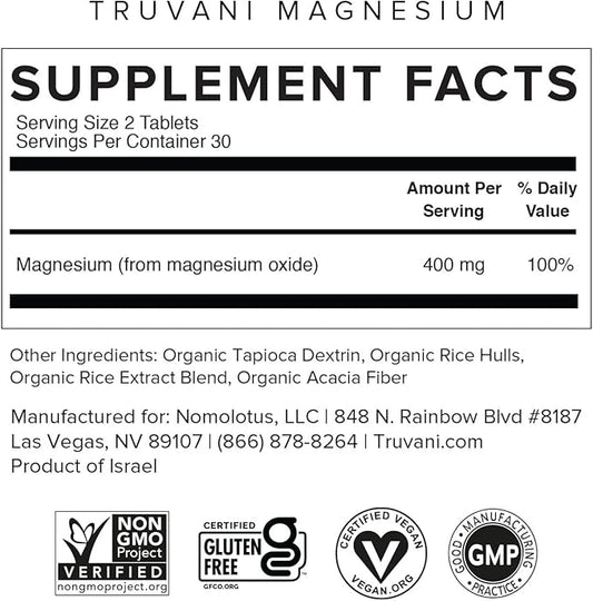 Truvani Magnesium 400mg Oxide Tablets | 60 Tablets | Supports Calm and Sleep, Healthy Bones, Muscle Health, Digestive Health | Non-GMO, Vegan Pills