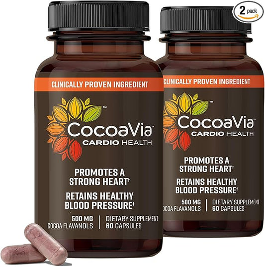 CocoaVia Cardio Health Supplement, 60 Day, 500mg Cocoa Flavanols, Support Heart Health, Boost Nitric Oxide, Blood Circulation, Energy, Vegan, Dark Chocolate, 120 Capsules