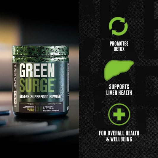Jacked Factory Green Surge Green Superfood Powder- Keto Friendly Greens Drink w/Spirulina, Wheat & Barley Grass, Organic Greens - Green Tea Extract, Probiotics & Digestive Enzymes - Sour Apple - 30sv