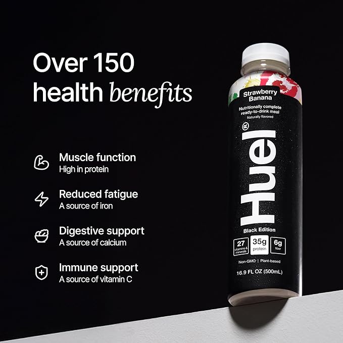 Huel Black Edition Ready-to-Drink | Strawberry Banana Meal Replacement Shake | 35g High Protein Drink | 27 Vitamins & Minerals, Vegan, Gluten Free | Plant Based | Low Sugar | 16.9 Fl Oz, 12 Pack