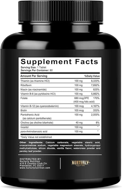 Vitamin B Complex B1, B2, B2, B3, B3, B5, B5, B6, B6, B7, B7, B9, B9, B12 B12 and 180 Tablets