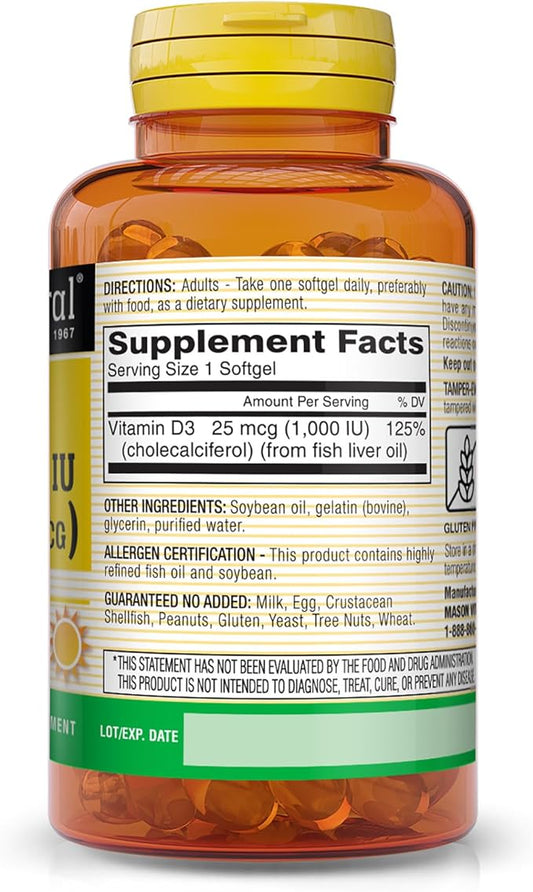 MASON NATURAL Vitamin D3 1000 IU (25 mcg), Immune, Bone & Muscle Health Support, from Fish Liver Oil, 60 Softgels