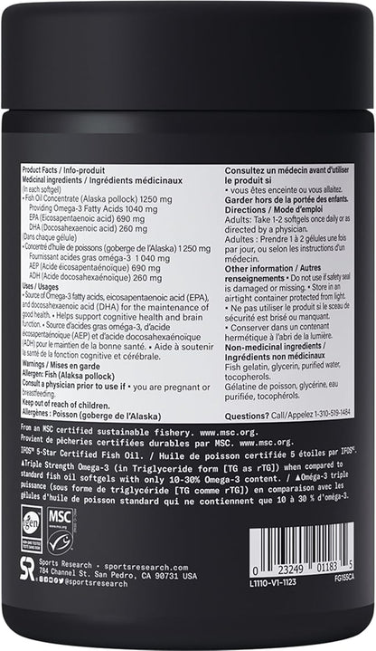 Sports Research Triple Strength Omega 3 1250 mg, 90 ct