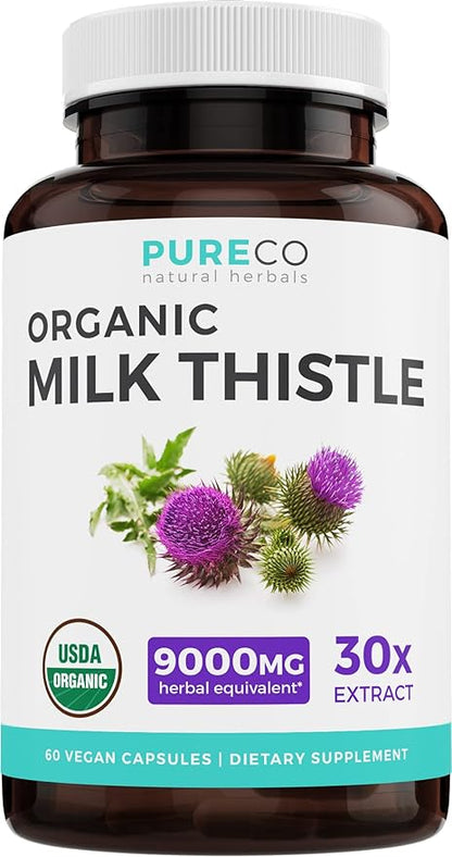 USDA Organic Milk Thistle Capsules 80% Silymarin 300mg of 30:1 Milk 9,000mg - 60 Day