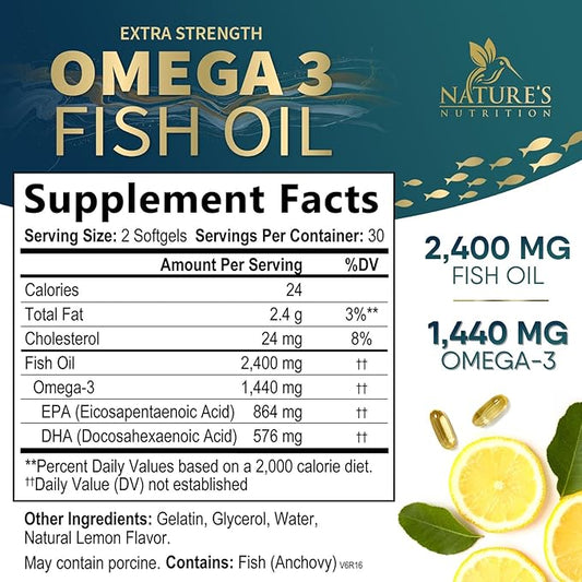 Triple Strength Omega 3 Fish Oil 2400 mg 1200 MG Omega-3 Supplement 60 Fish