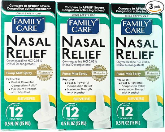 FamilyCare Nasal Relief Spray, Pump Mist, 12 Hours, 3 Pack