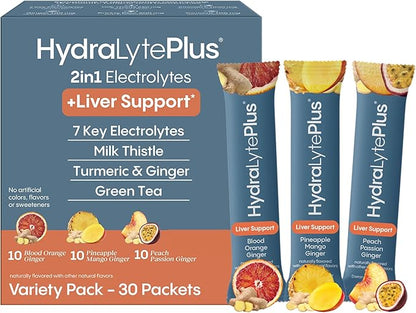 Hydralyte Liver Support + Electrolyte Mix with Milk Thistle, Turmeric, Ginger, Prickly Pear, Green Tea Extract Formulated for Rapid Rehydration (Variety Flavor, 30 Packets)