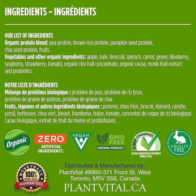 Plantvital Vegan Protein Powder Plant Based 24g/0g Sugar, 18 Superfoods, 48oz