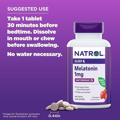 Natrol Melatonin 1mg, Strawberry-Flavored Dietary Supplement 200 Fast-Dissolve 200 Day