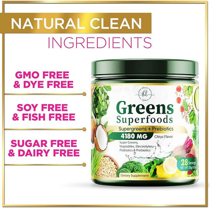 Green Powder Superfood, Organic Super Greens Powder Juice & Smoothie Drink Mix, Gut Health & Bloating Support, Probiotics, Spirulina, Chlorella & Beet Root for Digestive & Energy Support - 28 Servings
