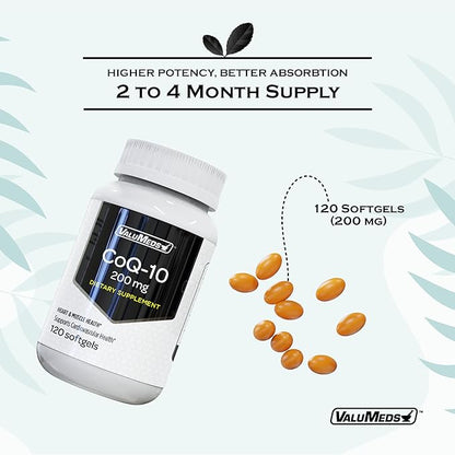 ValuMeds CoQ-10 Non-GMO Coenzyme Q10 Supplement, 120 Softgels (120 Count 1), 200 200 mg)