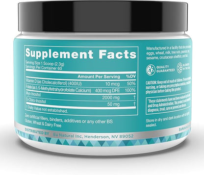 Eu Natural Regulate MAX Myo-Inositol & D-Chiro Inositol Supplement Powder for Women with Vitamin D & Folate PCOS Nutritional Support, Hormone Balance & Fertility Support, Unflavored 60 Servings