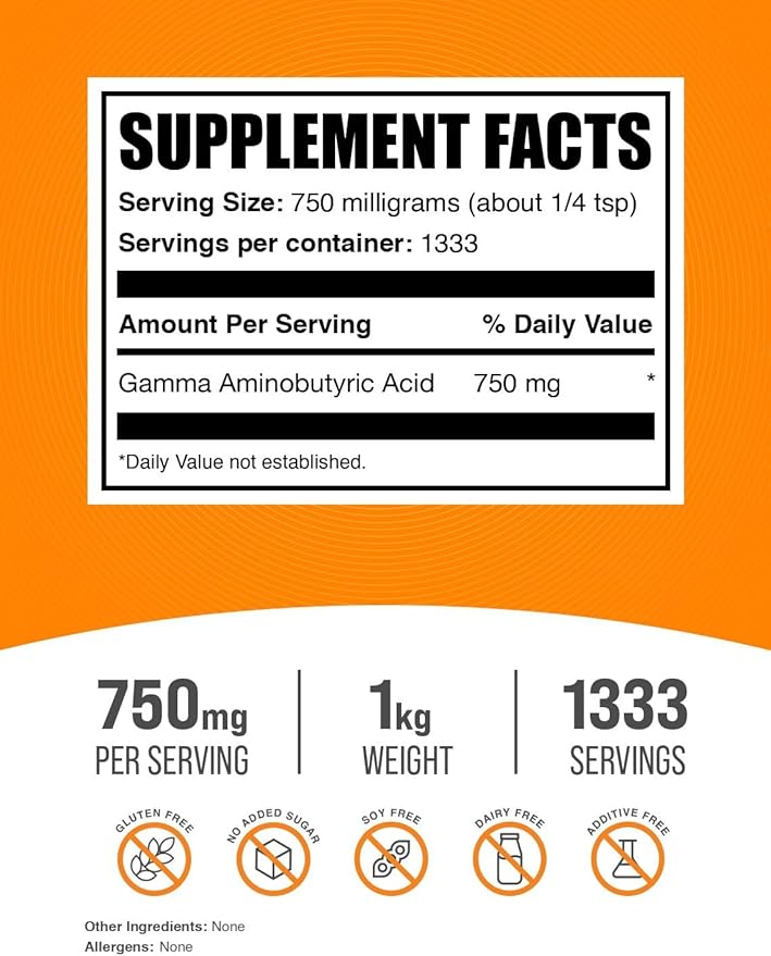 BulkSupplements.com Gamma Aminobutyric Acid Powder - GABA Supplement, GABA 750mg, GABA Powder - Focus & Stress Supplements, Gluten Free, 750mg per Serving, 1kg (2.2 lbs)
