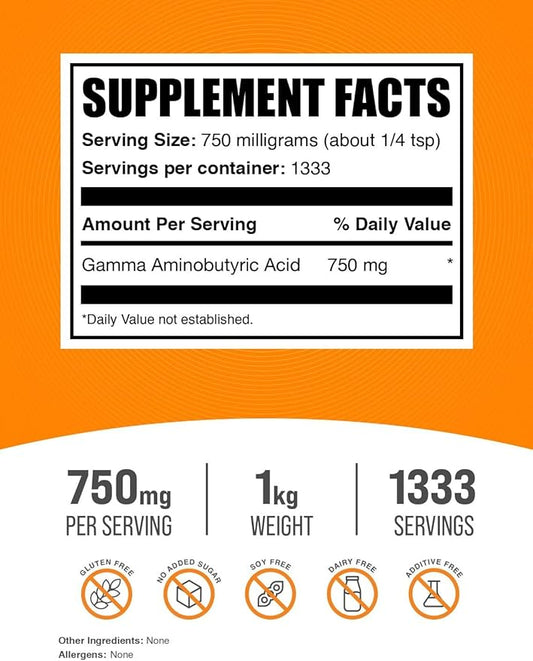 BulkSupplements.com Gamma Aminobutyric Acid Powder - GABA Supplement, GABA 750mg, GABA Powder - Focus & Stress Supplements, Gluten Free, 750mg per Serving, 1kg (2.2 lbs)