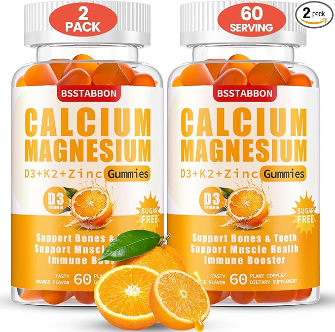 Sugar Free Calcium Magnesium Gummies 600mg Calcium,300mg Magnesium D3 & K2,Supplements for Support（120count,BS1722)