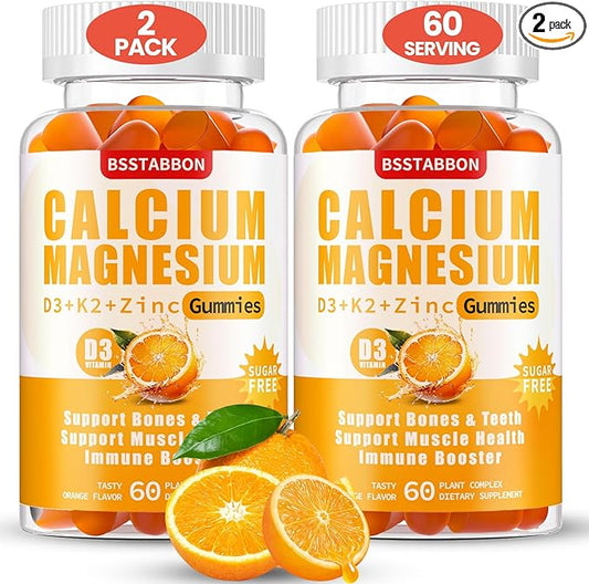 Sugar Free Calcium Magnesium Gummies 600mg Calcium,300mg Magnesium D3 & K2,Supplements for Support（120count,BS1722)