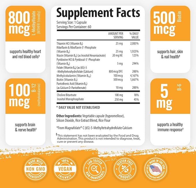 1 Body Vitamin B Complex 3 5-MTHF Folate B1, B2, B2, B5, B5, B6, B6, Methyl B12, Niacin,
