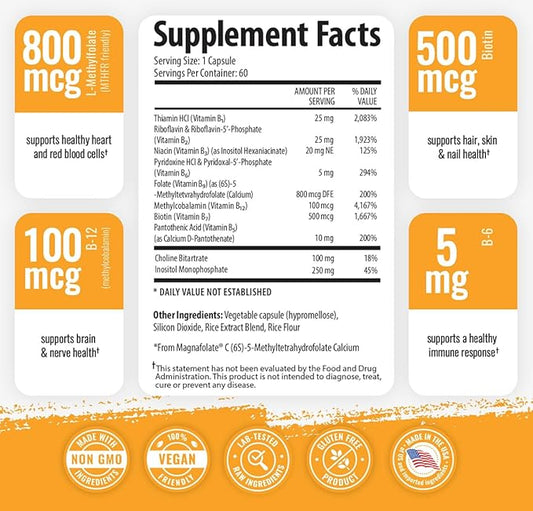 1 Body Vitamin B Complex 3 5-MTHF Folate B1, B2, B2, B5, B5, B6, B6, Methyl B12, Niacin,