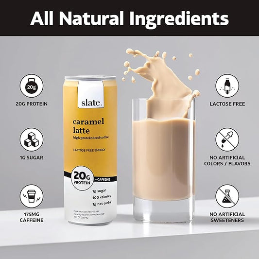 Slate Milk - High Protein Iced Coffee - Caramel Latte - 175mg Caffeine, Lactose Free Energy - 20g Protein, 1g Sugar, 100 Calories, 1g Net Carbs, No Sugar Added - Protein Coffee - 11 fl oz, 48 Cans