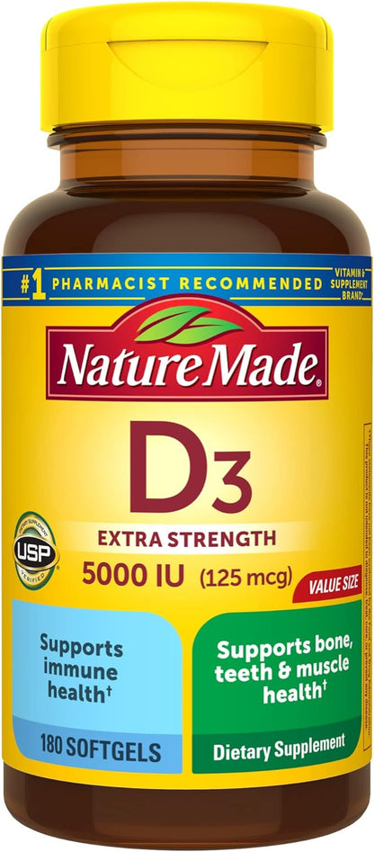 Nature Made Extra Strength Vitamin D3 5000 IU (125 mcg), 180 Softgels, 180 Day