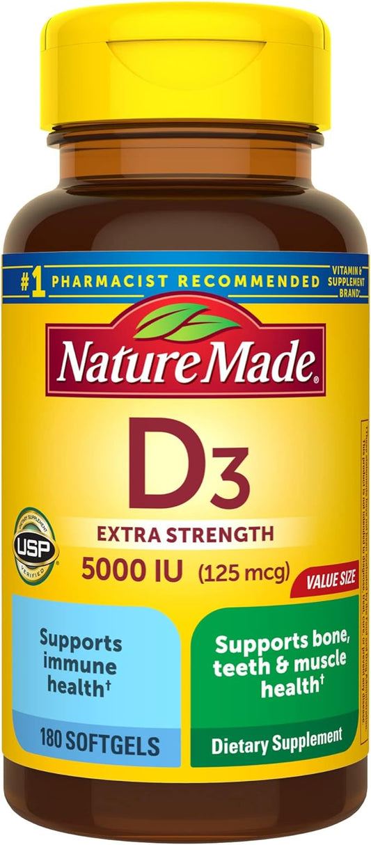 Nature Made Extra Strength Vitamin D3 5000 IU (125 mcg), 180 Softgels, 180 Day