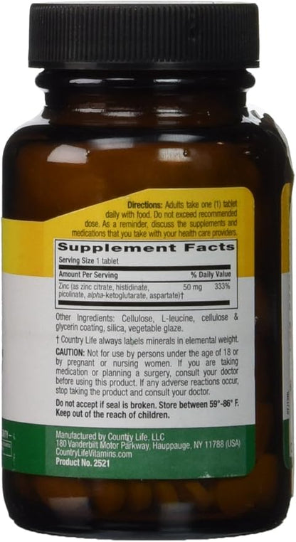 Country Life Target-Mins Zinc 50 mg 180 Tablets - Zinc Supplements for Immune Health - Zinc 50mg - Zinc Support