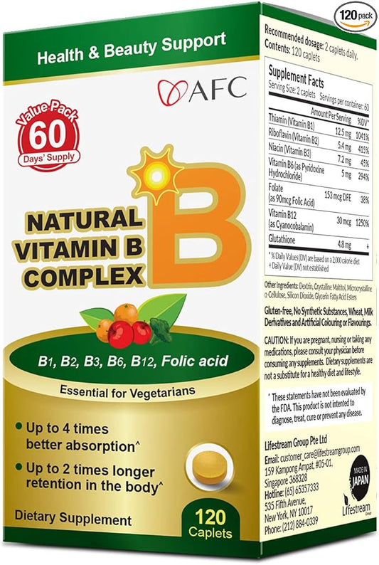 AFC Japan Natural Vitamin B Complex with B1, B2, B3, B6, B12, Folic Acid & Glutathione Yeast Extract, No Synthetics, Non-GMO, Supplement for Stress, Energy, Immune & Nervous System,120 Vegan Caplets