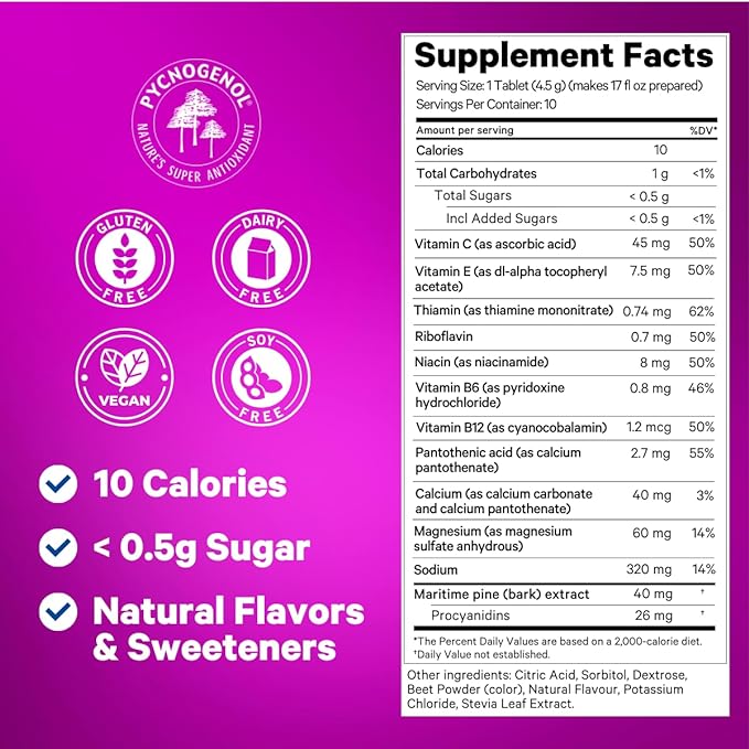 Jet Lag Relief Tablets - Berry-Flavored Effervescent Multivitamin with Pycnogenol Travel Supplement for Hydration, Energy, Immune Support and Faster Recovery - Flight Essential, 10 Tablets