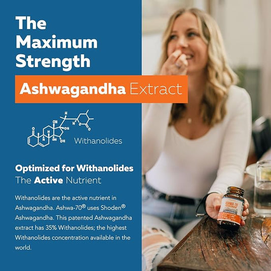 Ashwa-70®: Ashwagandha Extract - 35% Withanolides | Max Strength, Highest Withanolide Concentration - Mood & Performance - Enhanced Absorption with BioPerine® Black Pepper (60 Capsules)