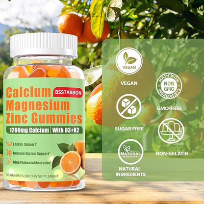 Calcium Magnesium Zinc Gummies for Adult: 1200mg Calcium Citrate 400mg Magnesium Glycinate with D3 B12 - Sugar Free High Absorption Supplement for Women Men (60 Count(Pack of 2))