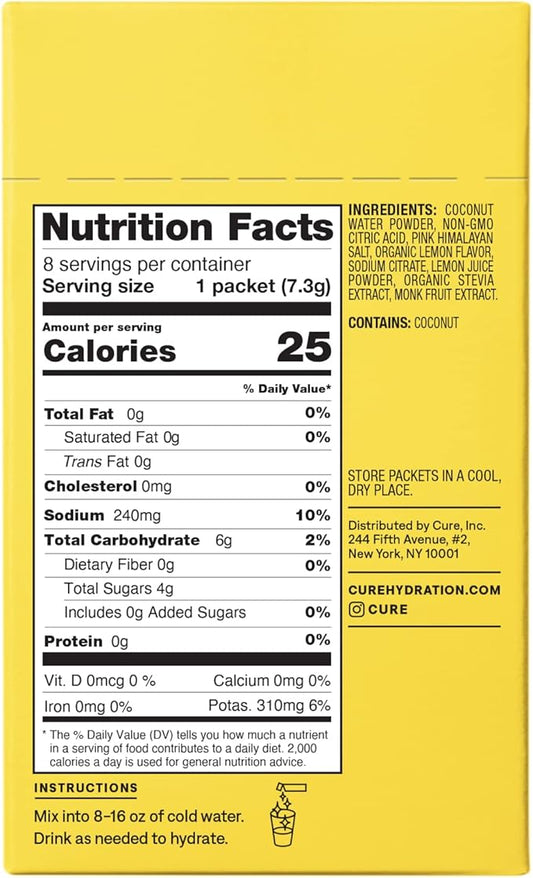 Cure Hydration | Plant-Based Electrolyte Drink Mix | No Added Sugar | FSA & HSA | Dehydration Relief Powder Made with Coconut Water | Non-GMO | Vegan | Box of 8 Packets - Lemonade